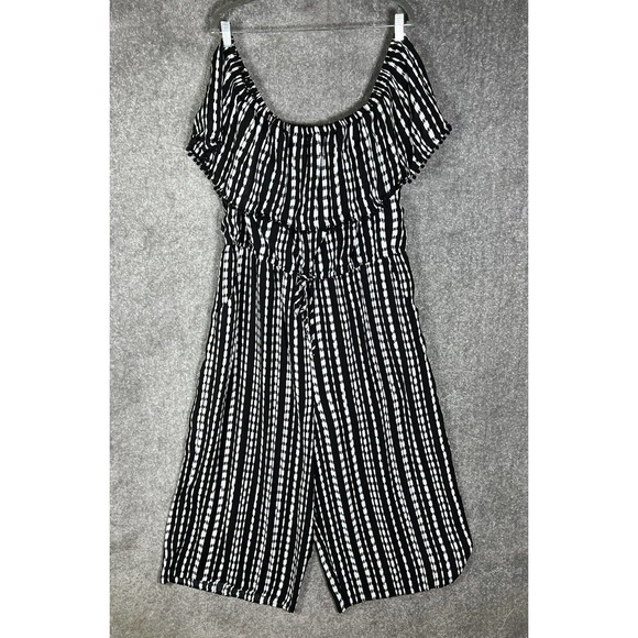 Roz & Ali Woman Off The Shoulder Wide Leg Jumpsuit Womens 2X Black White Pockets - Picture 1 of 14